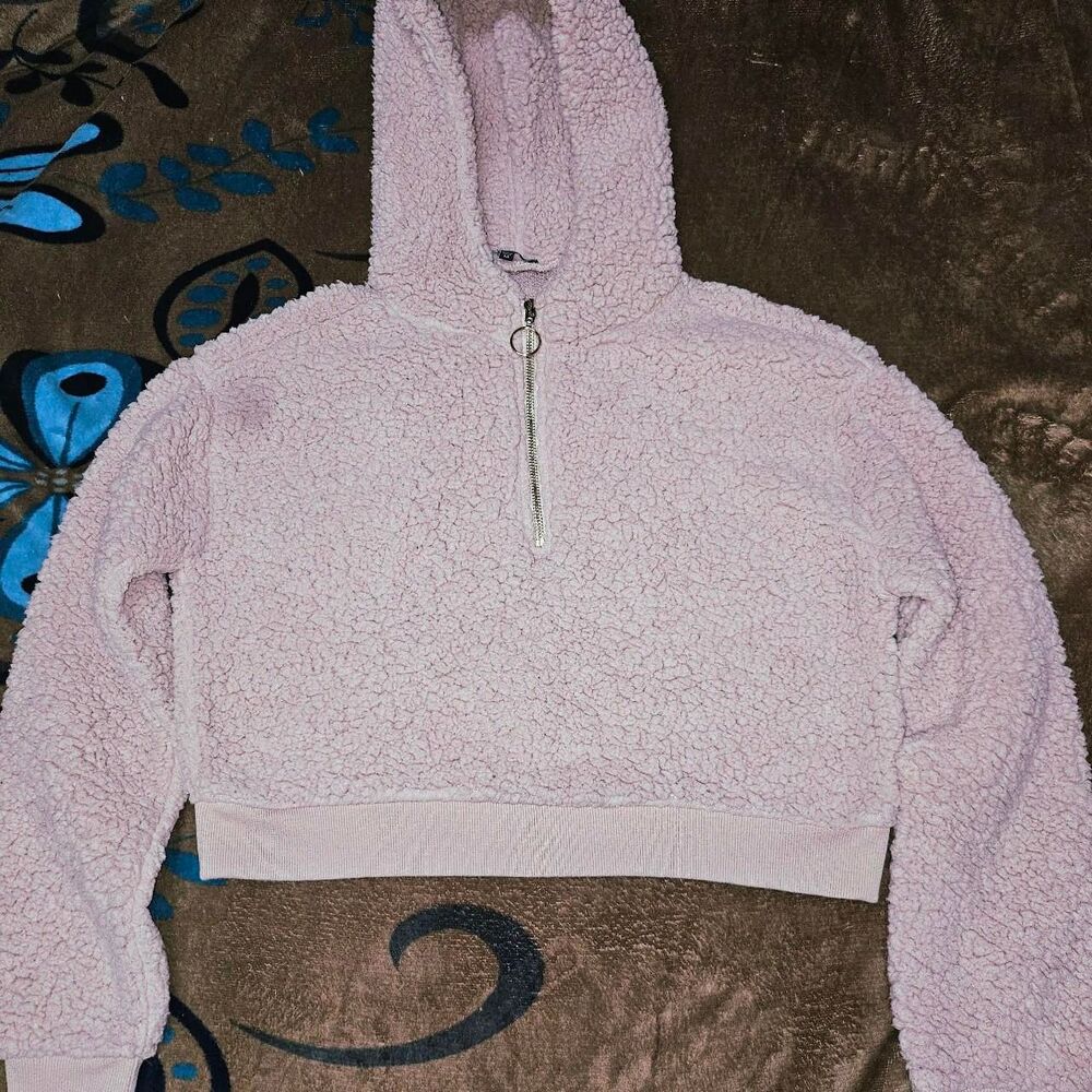 Women's pink cropped teddy hoodie faux sherpa shearling fleece size medium